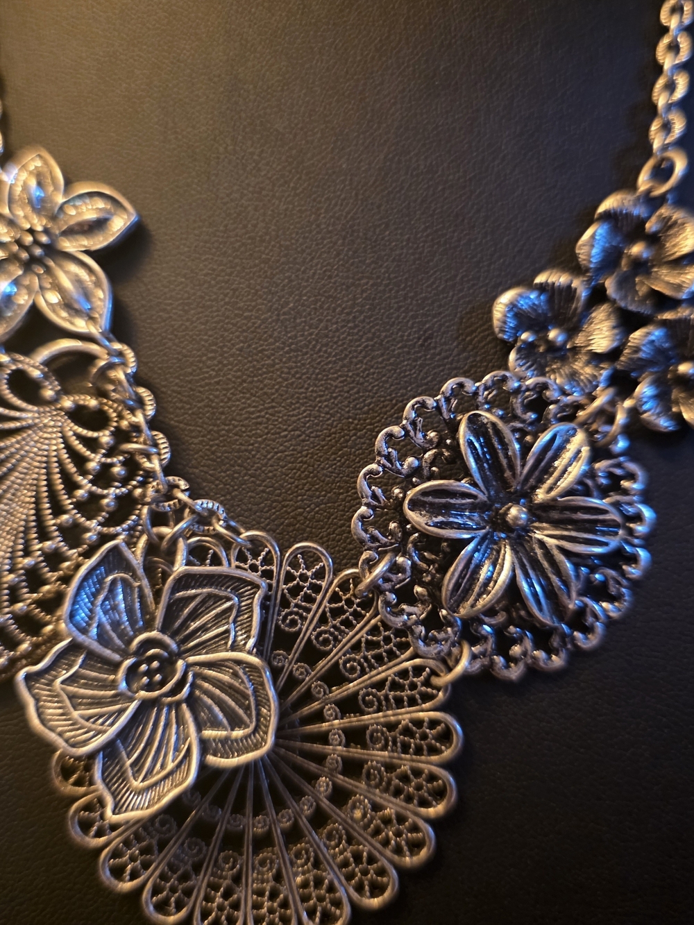 Floral Filigree Statement Necklace - Silver Tone